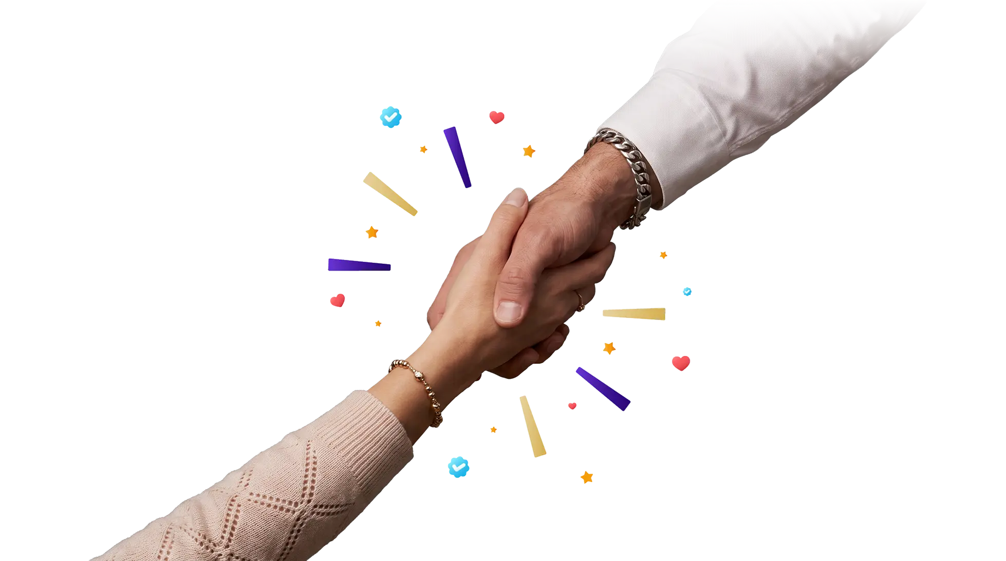 Two hands meeting in a handshake surrounded by confetti